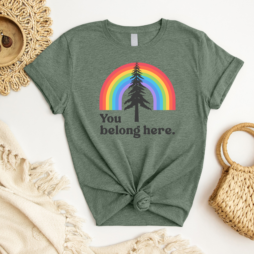 heather military green you belong here rainbow pinetree t shirt with pride rainbow design