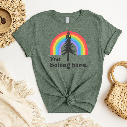 heather military green you belong here rainbow pinetree t shirt with pride rainbow design