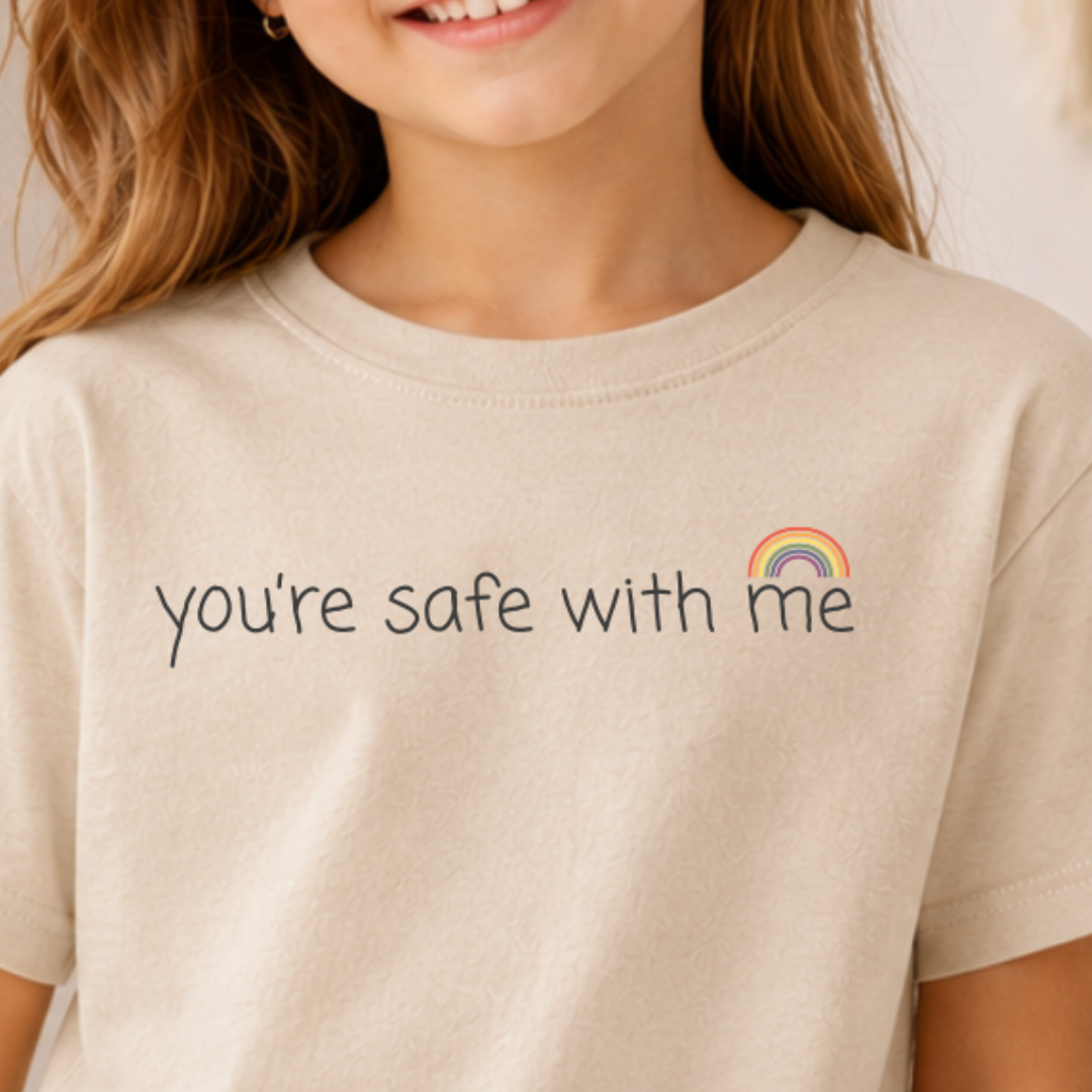 You're safe with me rainbow pride youth tshirt closeup