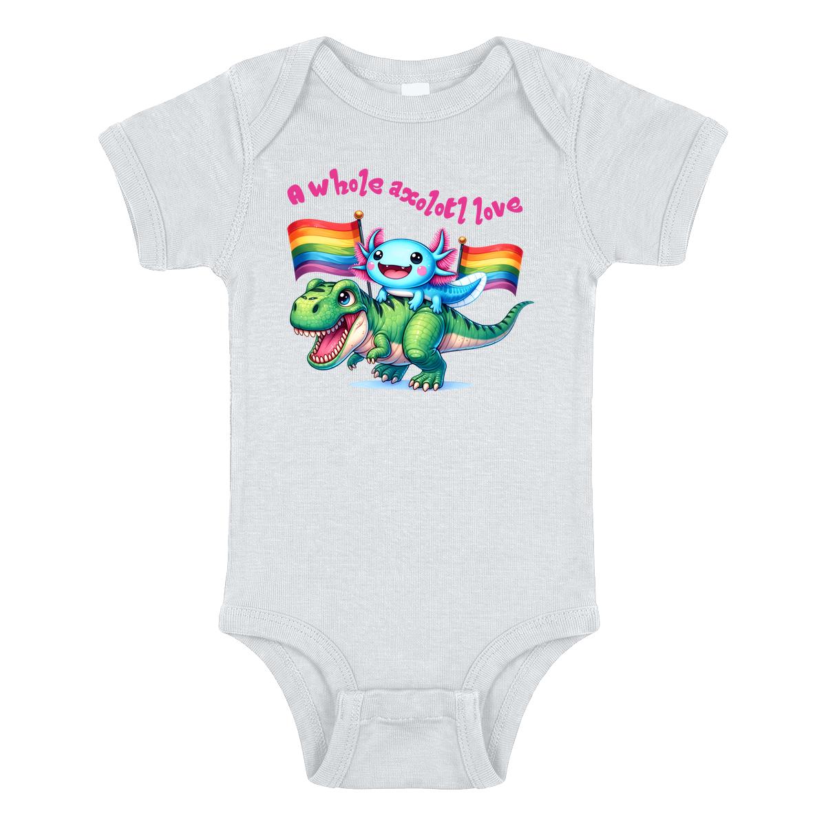 White baby bodysuit with cartoon axolotl riding a dinosaur, rainbow pride flags and “A Whole Axolotl Love” text