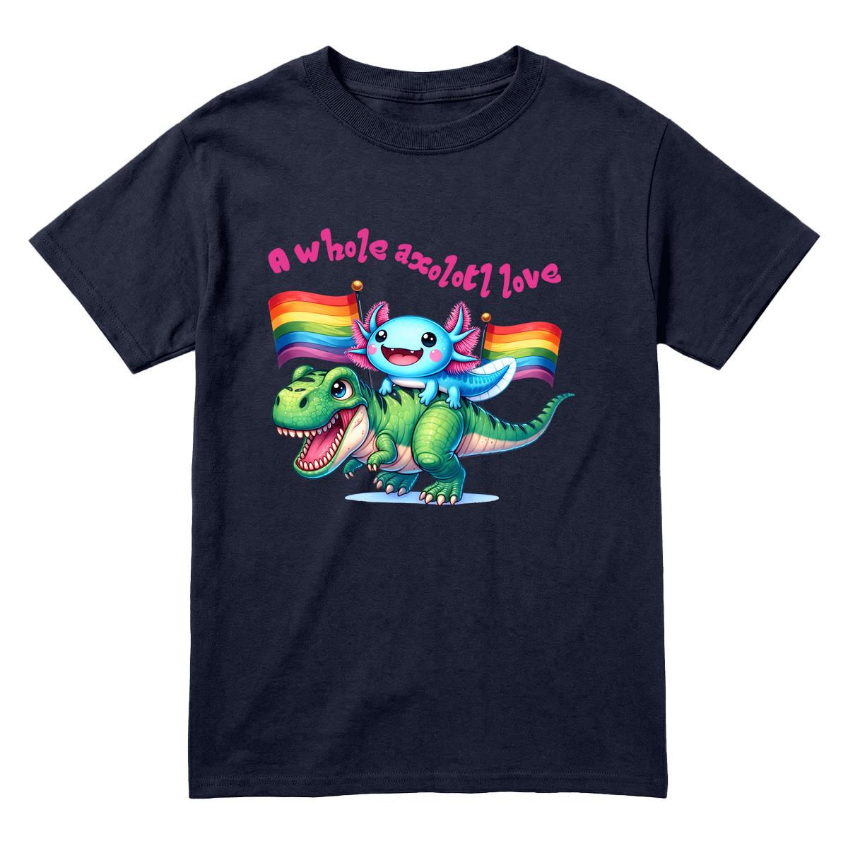 Navy youth T-shirt with cartoon axolotl riding a dinosaur, rainbow pride flags and “A Whole Axolotl Love” text