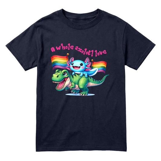 Navy youth T-shirt with cartoon axolotl riding a dinosaur, rainbow pride flags and “A Whole Axolotl Love” text