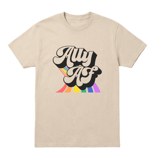 Natural T-shirt with retro “Ally AF” text and rainbow stripe graphic