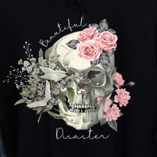 close up of black beautiful disaster skull hoodie showing floral skull design
