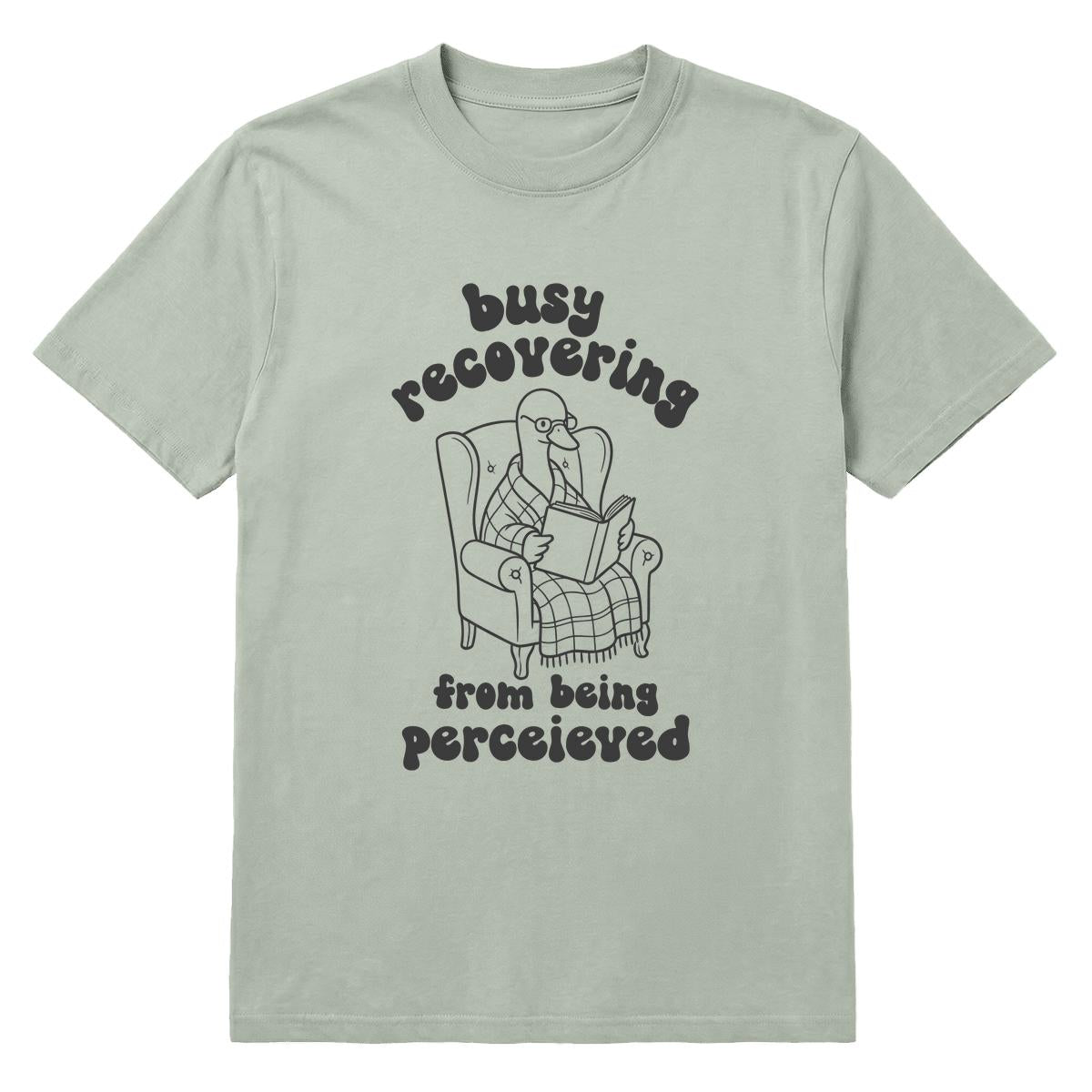 A sage green crewneck t-shirt featuring a charcoal graphic of a goose reading a newspaper in an armchair, with the text 'busy recovering from being perceived' written around the illustration.