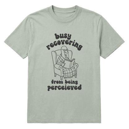 A sage green crewneck t-shirt featuring a charcoal graphic of a goose reading a newspaper in an armchair, with the text 'busy recovering from being perceived' written around the illustration.