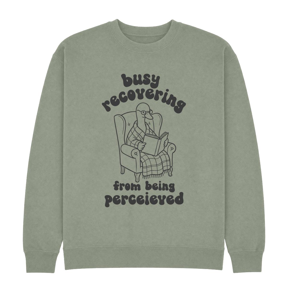A sage green crewneck sweatshirt featuring a dark gray graphic of a goose reading in an armchair with the text 'busy recovering from being perceived'.