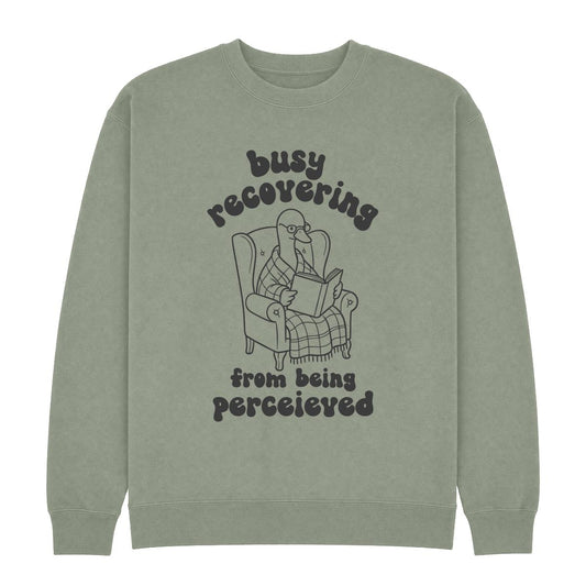 A sage green crewneck sweatshirt featuring a dark gray graphic of a goose reading in an armchair with the text 'busy recovering from being perceived'.