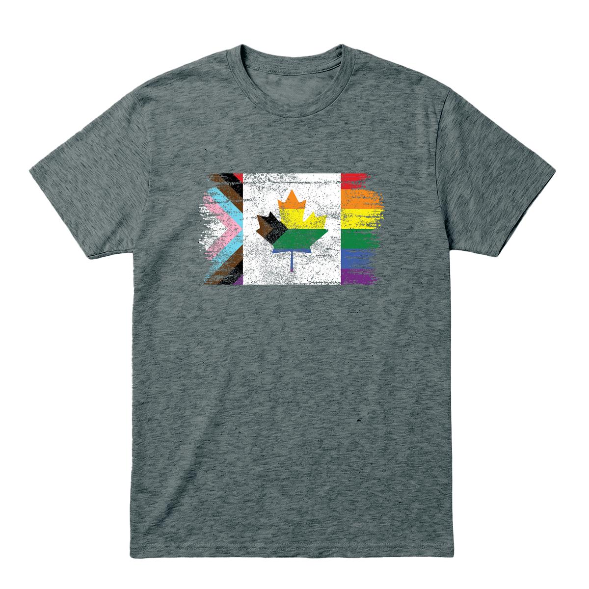 Dark heather T-shirt with distressed Canadian flag and Progress Pride colours