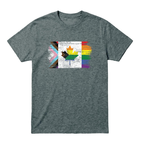 Dark heather T-shirt with distressed Canadian flag and Progress Pride colours