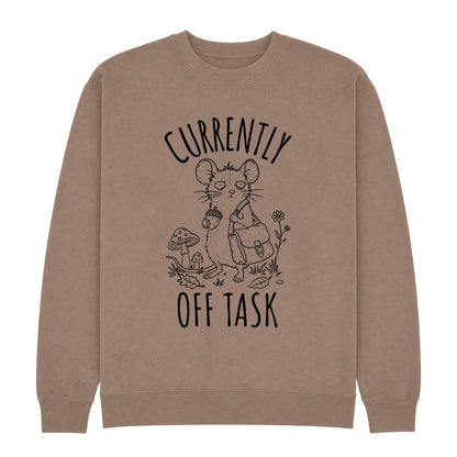 A brown crewneck sweatshirt featuring a black line art graphic of a mouse holding a backpack next to a mushroom, with the text 'CURRENTLY OFF TASK' printed on the front.