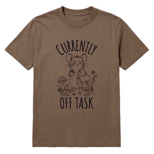 A brown short-sleeve crewneck t-shirt featuring a black line art graphic of a mouse holding an acorn and a small backpack, with the text 'CURRENTLY OFF TASK' printed around the illustration.