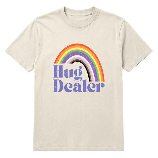 Ivory T-shirt with retro rainbow graphic and “Hug Dealer” text