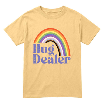 Yellow youth T-shirt with retro rainbow graphic and “Hug Dealer” text