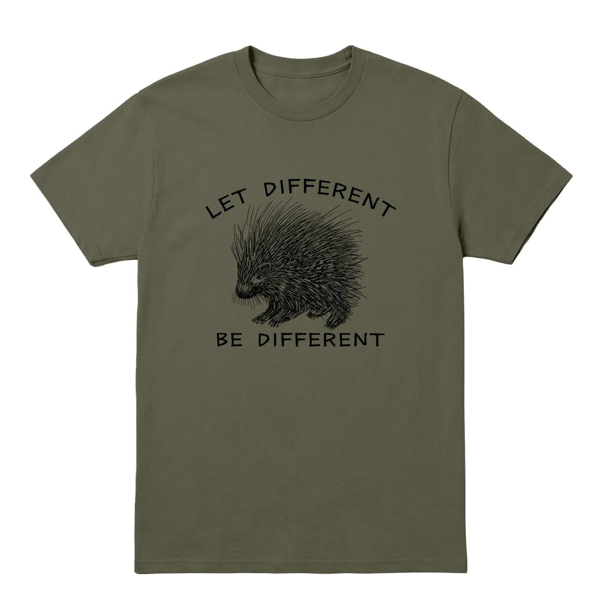 A military green crewneck t-shirt featuring a black graphic of a porcupine with the text 'LET DIFFERENT BE DIFFERENT' printed on the front, displayed against a solid white background.