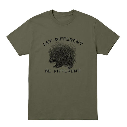 A military green crewneck t-shirt featuring a black graphic of a porcupine with the text 'LET DIFFERENT BE DIFFERENT' printed on the front, displayed against a solid white background.