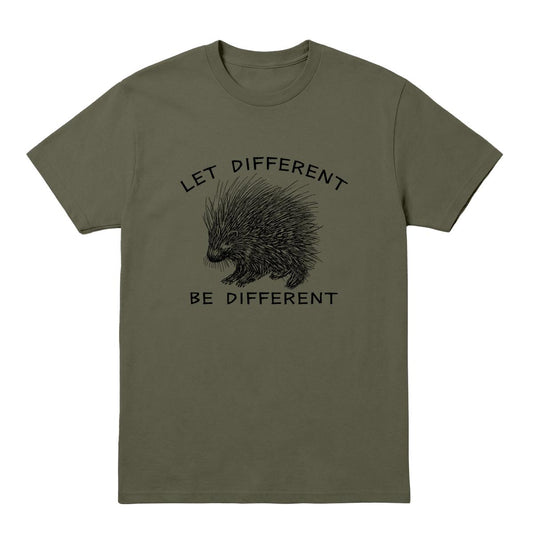 A military green crewneck t-shirt featuring a black graphic of a porcupine with the text 'LET DIFFERENT BE DIFFERENT' printed on the front, displayed against a solid white background.