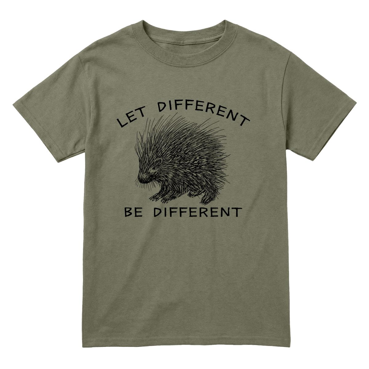 A military green short-sleeve t-shirt with a black graphic of a porcupine and the text 'LET DIFFERENT BE DIFFERENT' printed on the front, displayed against a solid white background.