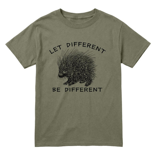 A military green short-sleeve t-shirt with a black graphic of a porcupine and the text 'LET DIFFERENT BE DIFFERENT' printed on the front, displayed against a solid white background.