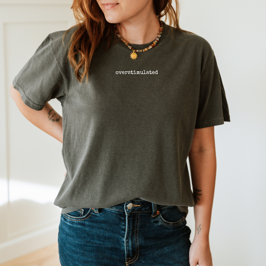 pepper garment dyed overstimulated t shirt with small minimalist text design