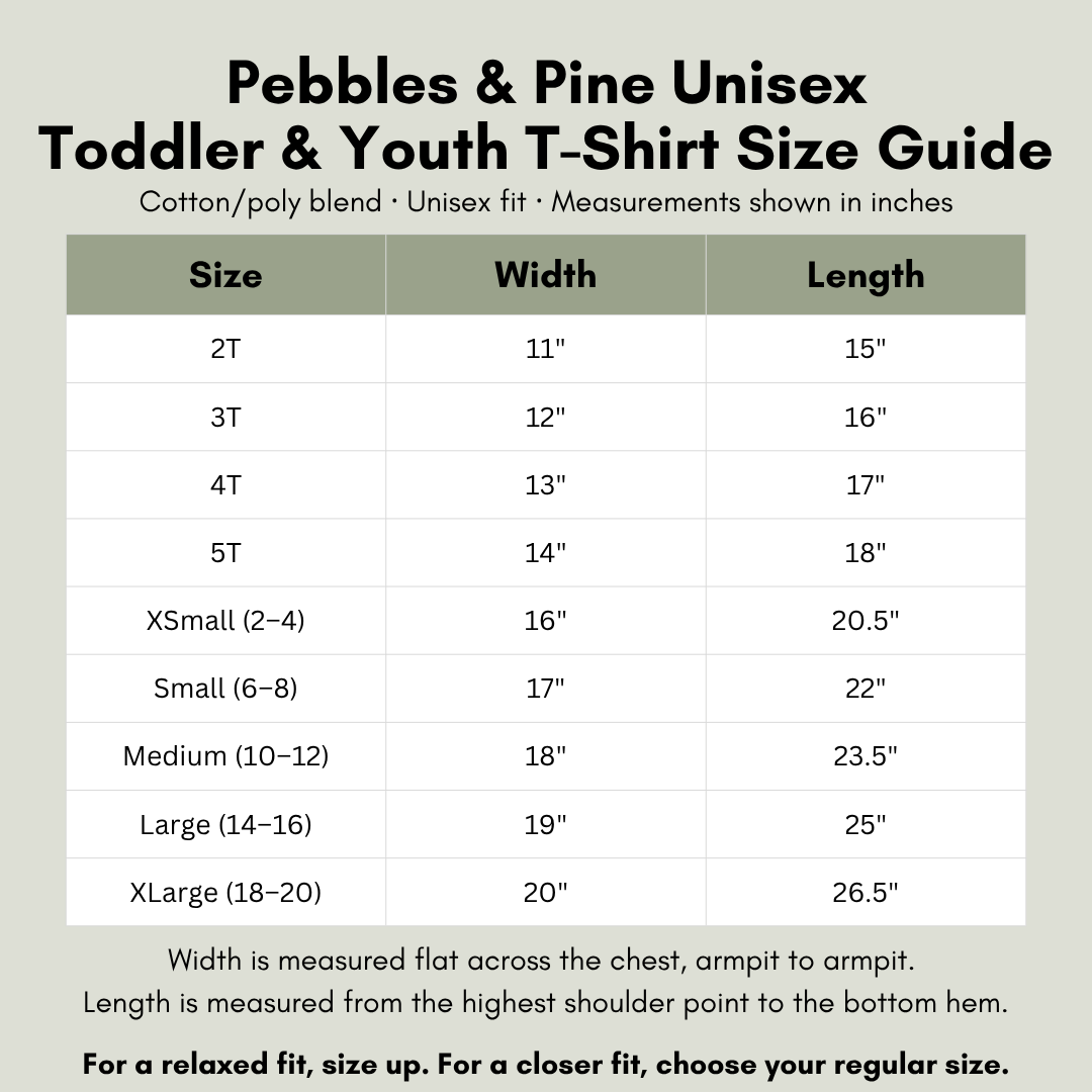 Pebbles and Pine toddler and youth t-shirt size chart with width and length measurements