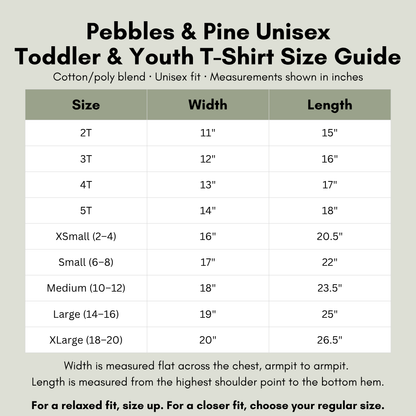 Pebbles and Pine toddler and youth t-shirt size chart with width and length measurements