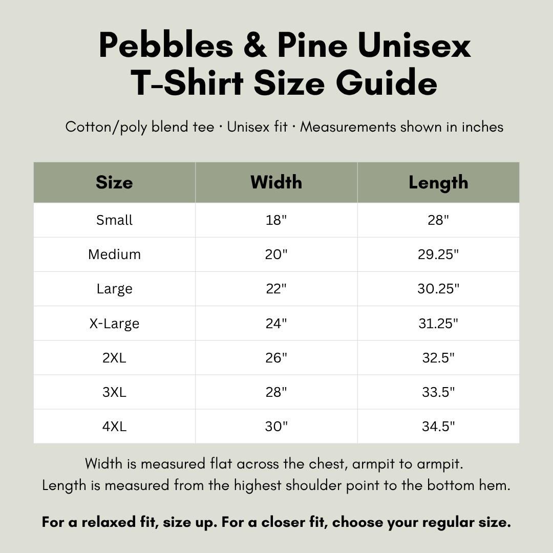 Pebbles and Pine heather t-shirt size chart with width and length measurements