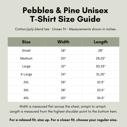Pebbles and Pine heather t-shirt size chart with width and length measurements