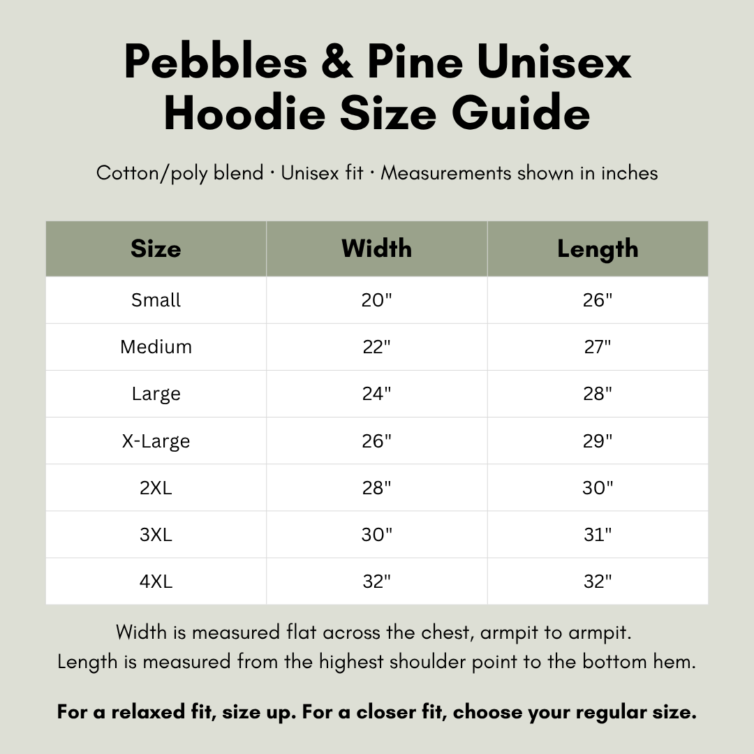Pebbles and Pine unisex hoodie size chart with width and length measurements
