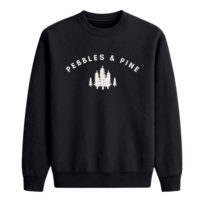Black crewneck sweatshirt with white Pebbles & Pine text and pine tree graphic