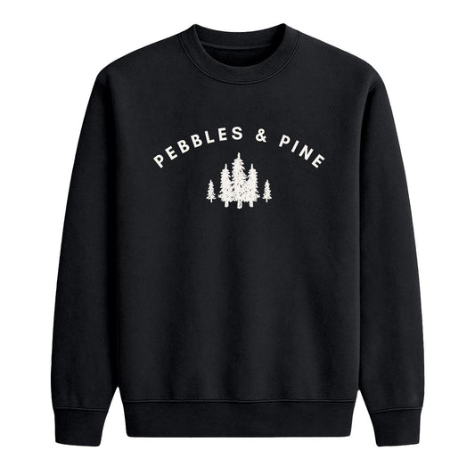 Black crewneck sweatshirt with white Pebbles & Pine text and pine tree graphic