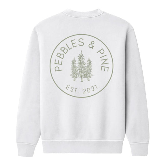 Back of white crewneck sweatshirt with large Pebbles & Pine Est. 2021 pine tree logo