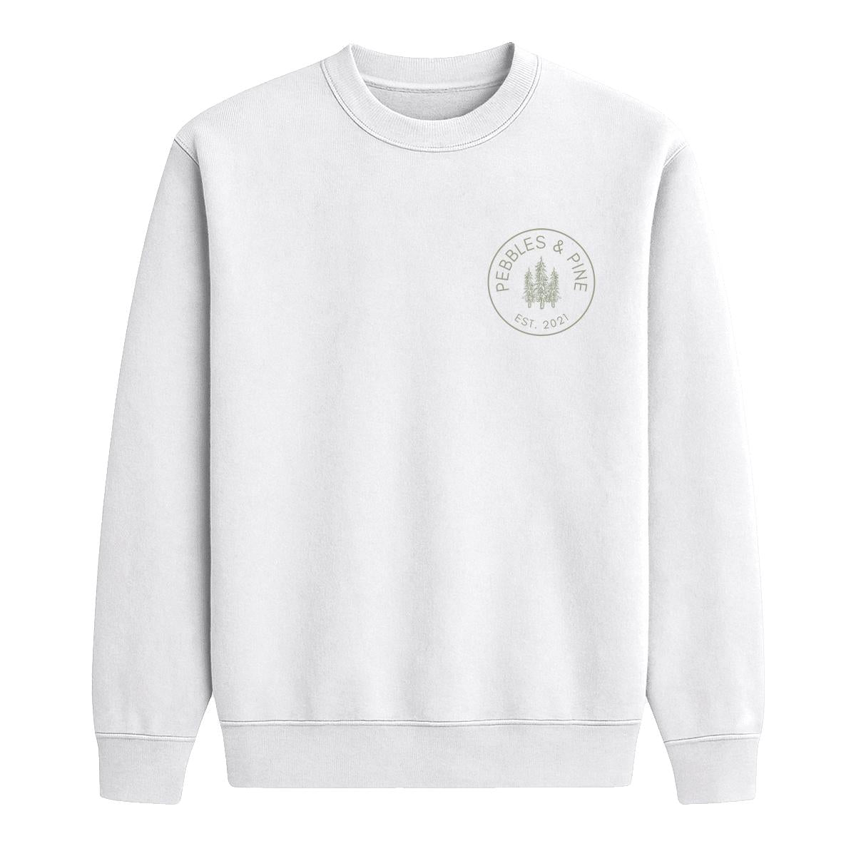 White crewneck sweatshirt with small Pebbles & Pine Est. 2021 pine tree logo on the chest