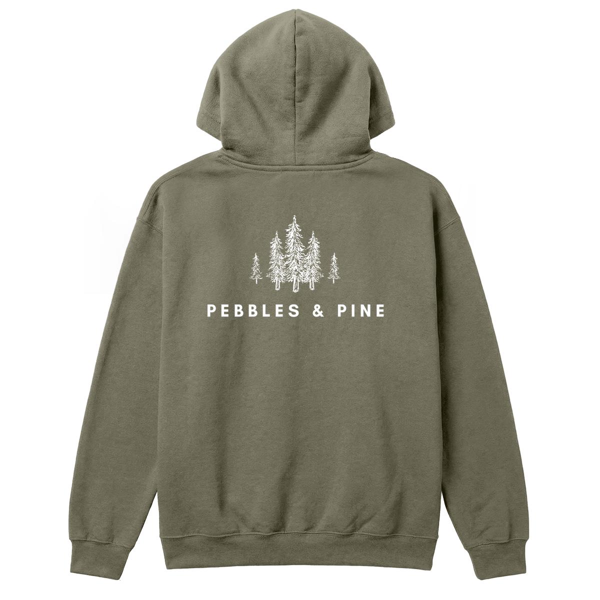 Back of military green hoodie with white Pebbles & Pine text and pine tree graphic