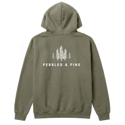 Back of military green hoodie with white Pebbles & Pine text and pine tree graphic