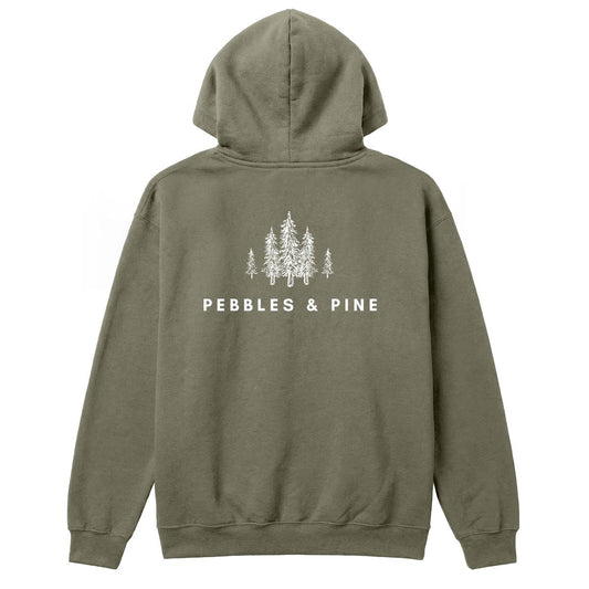 Back of military green hoodie with white Pebbles & Pine text and pine tree graphic