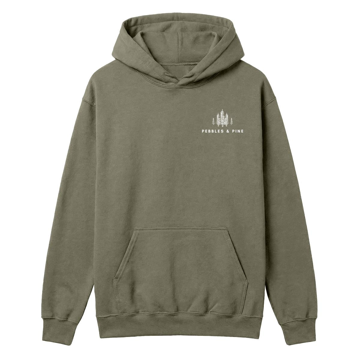 Military green hoodie with small white Pebbles & Pine pine tree logo on the chest