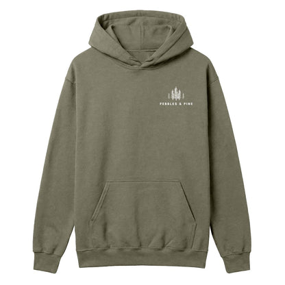 Military green hoodie with small white Pebbles & Pine pine tree logo on the chest