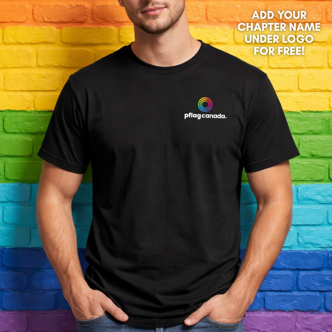person wearing black pflag Canada pride shirt with small logo design
