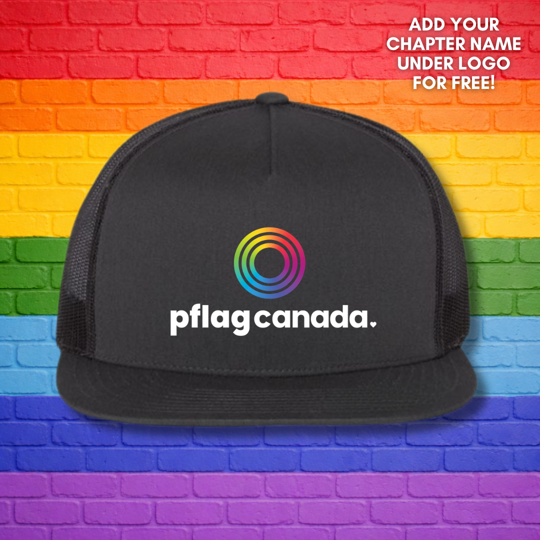 black pflag Canada trucker hat with logo on front