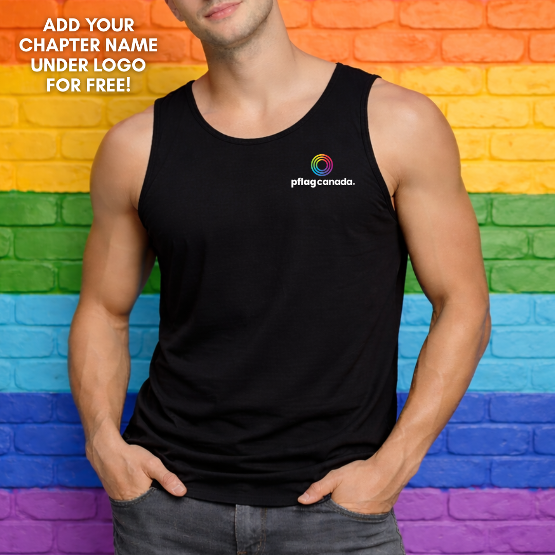 black pflag Canada unisex tank top with logo on front