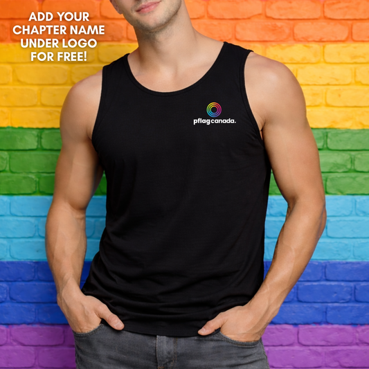 black pflag Canada unisex tank top with logo on front