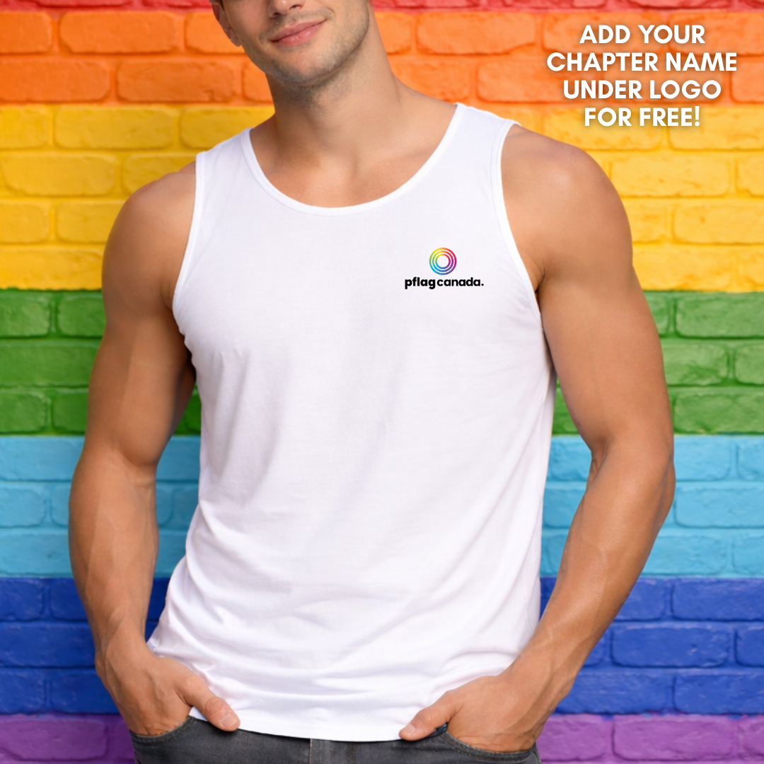 white pflag Canada unisex tank top with logo on front
