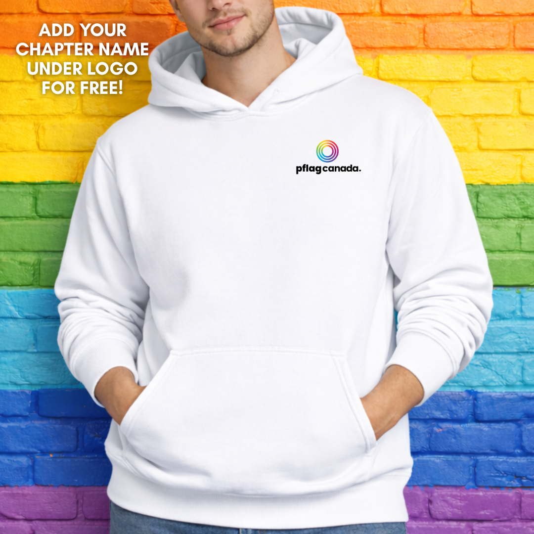 white pflag Canada hoodie with logo on chest