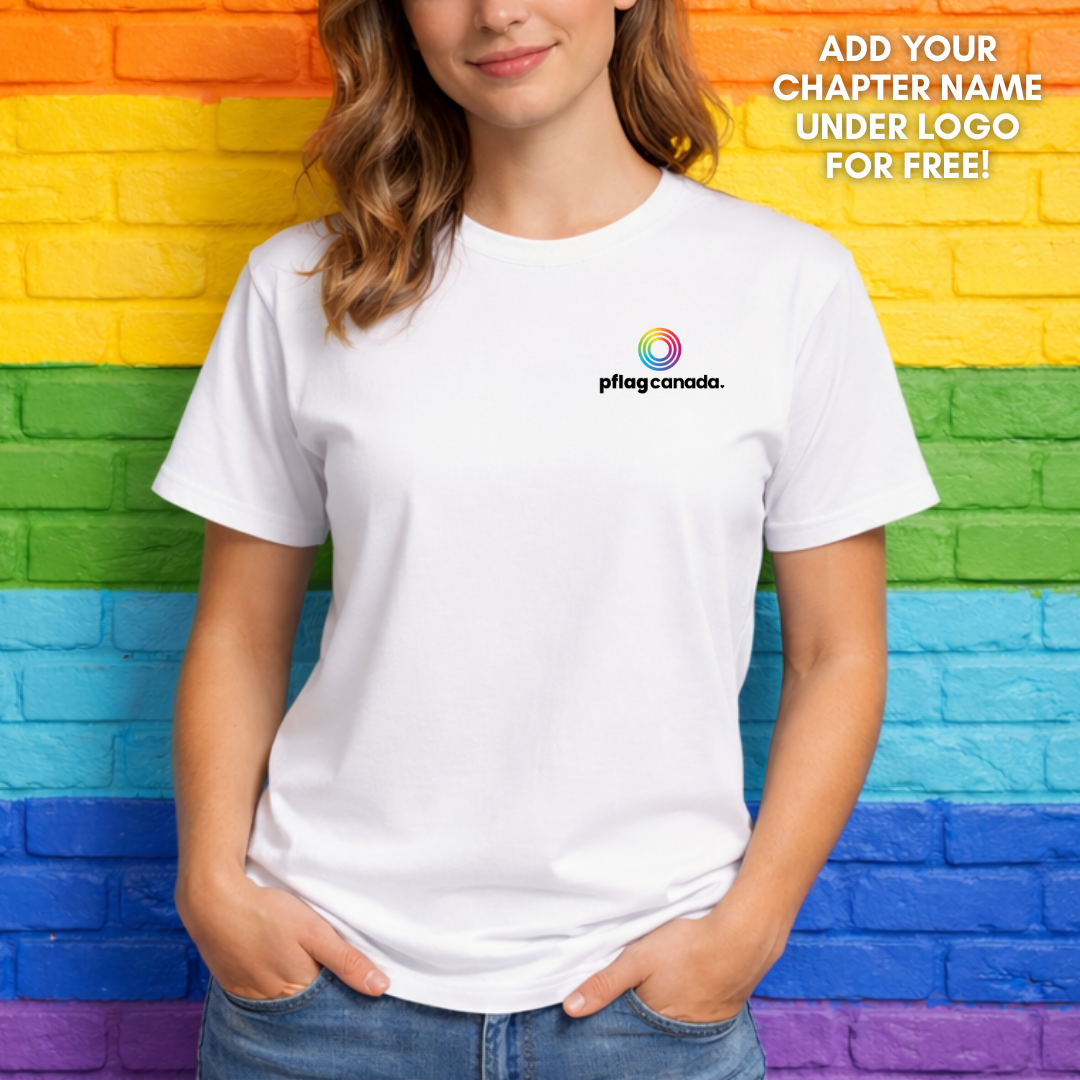 person wearing white pflag Canada pride shirt with small logo design