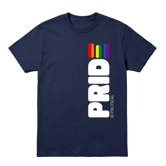 Navy T-shirt with vertical “Pride Is Political” text and rainbow stripe graphic