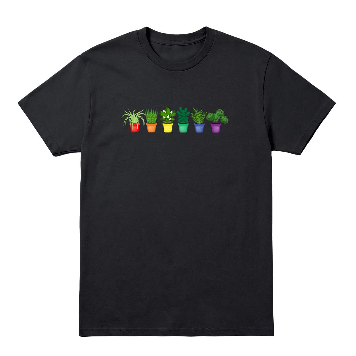 Black T-shirt with six potted plants in rainbow-coloured pots