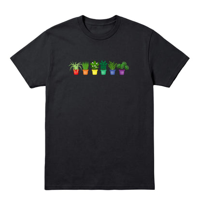 Black T-shirt with six potted plants in rainbow-coloured pots