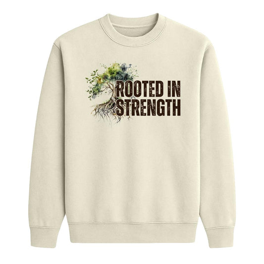 Sand crewneck sweatshirt with tree and roots graphic and “Rooted in Strength” text