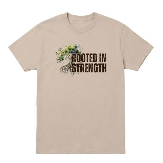 Sand T-shirt with tree and roots graphic and “Rooted in Strength” text